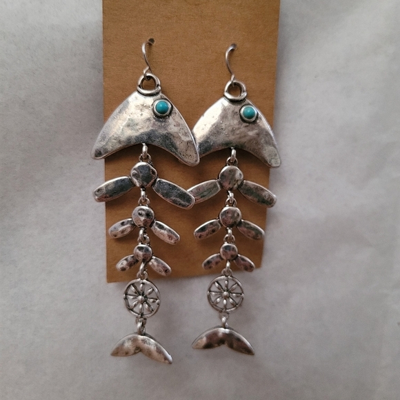 Vintage Inspired Boho Fish Bone Dangle Earrings With Turquoise Accents - Picture 13 of 13